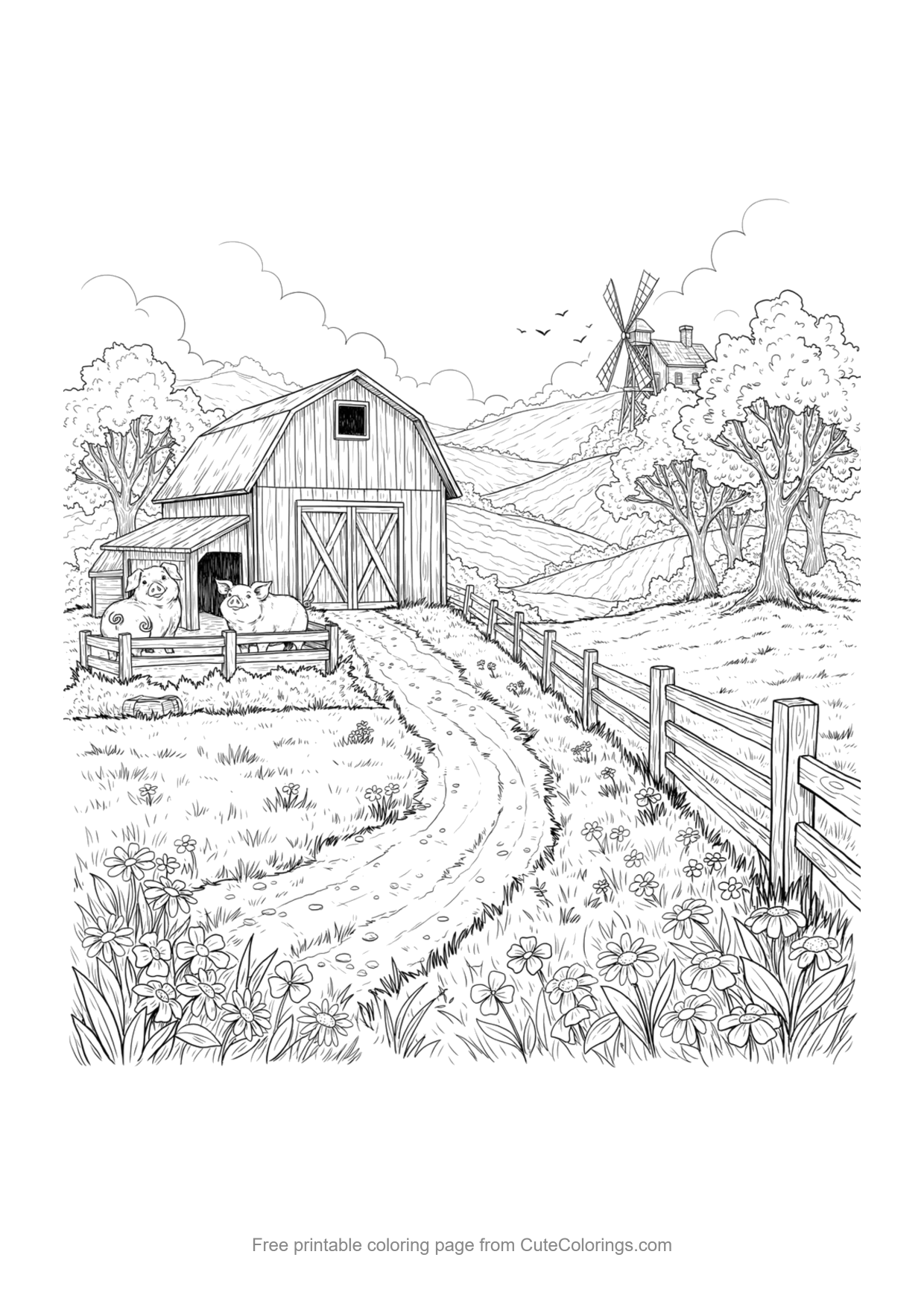 Detailed coloring page of a pig on a countryside farm with barn and fields