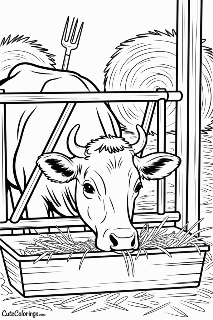 Cow Eating Hay Inside Farm Barn Stall