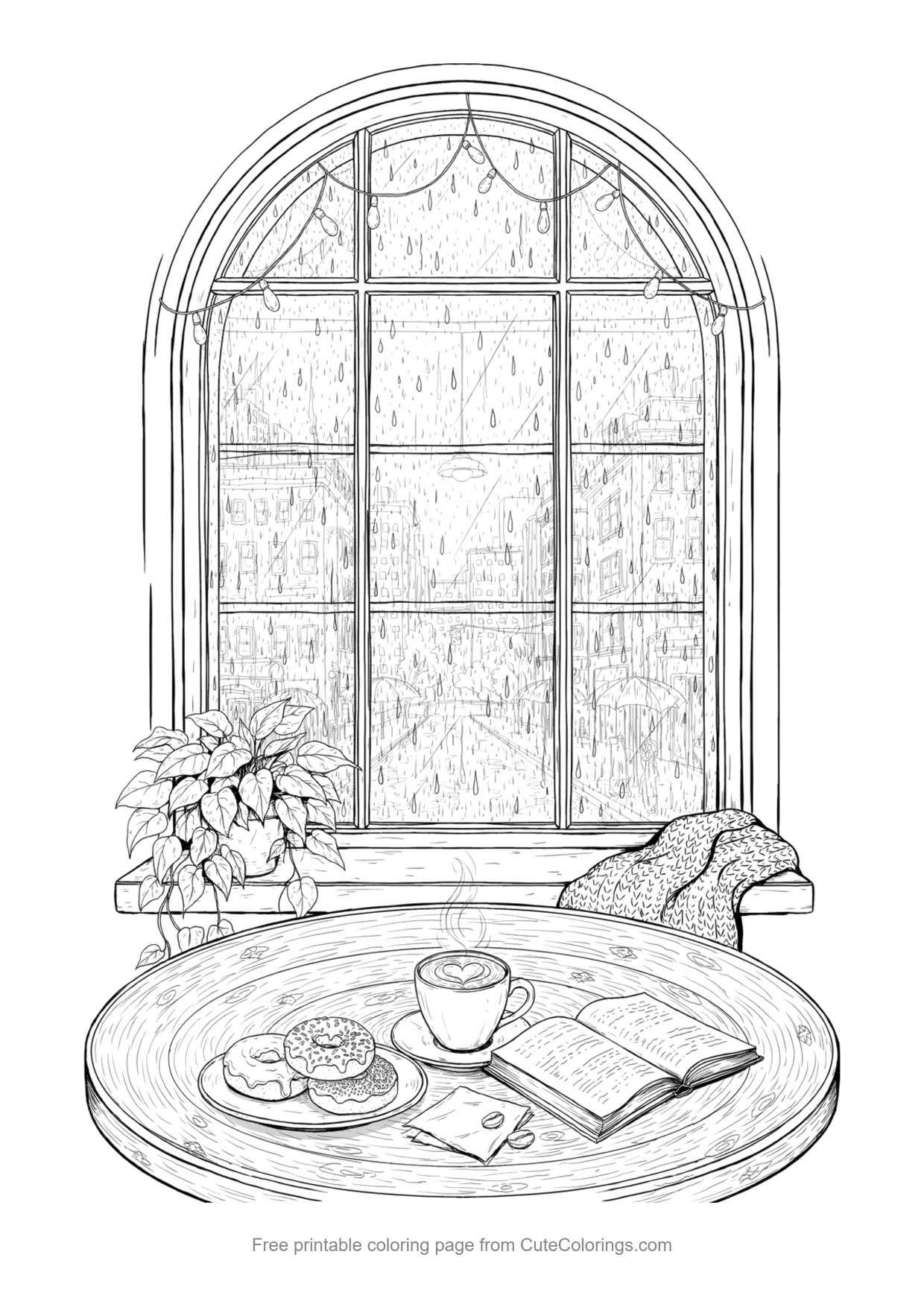 Detailed coloring page of a cozy cafe table with donuts and a latte by a rainy window
