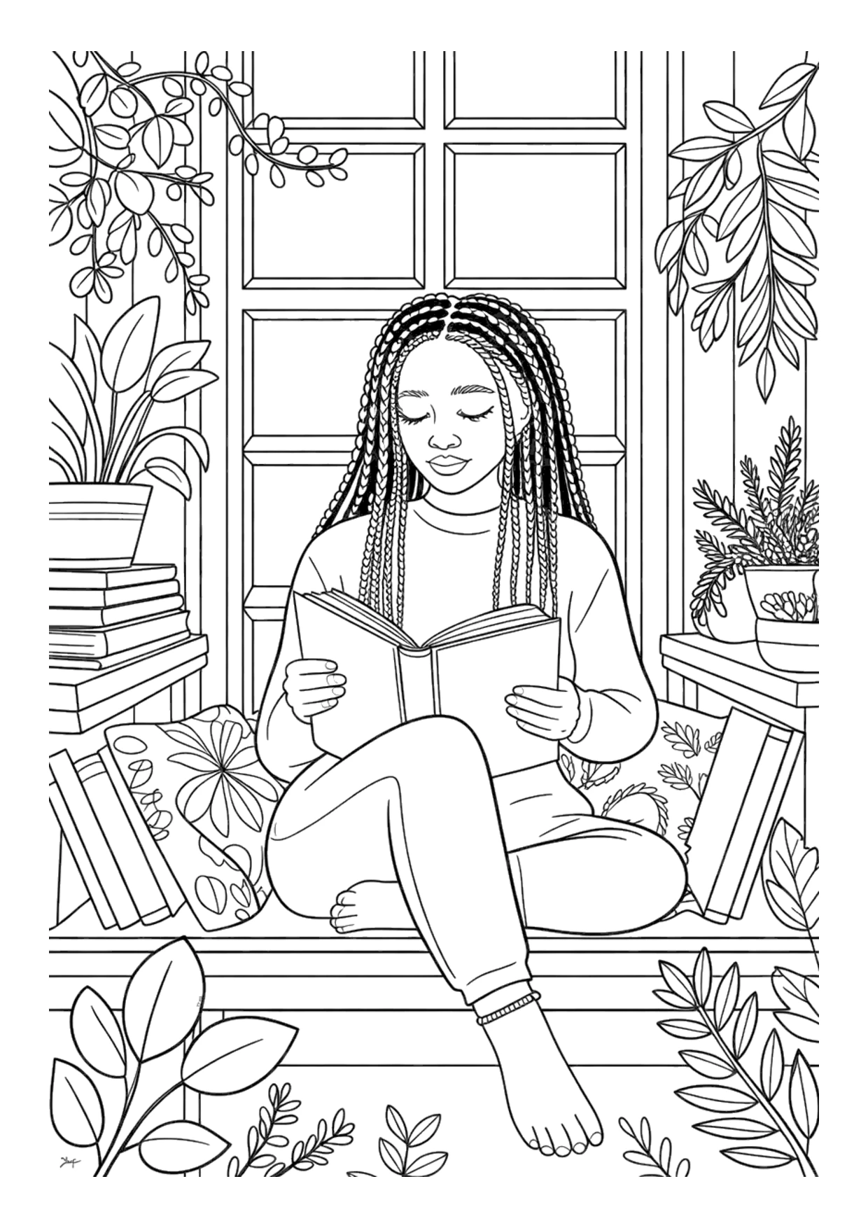 Detailed coloring page of a Black girl in a cozy reading nook
