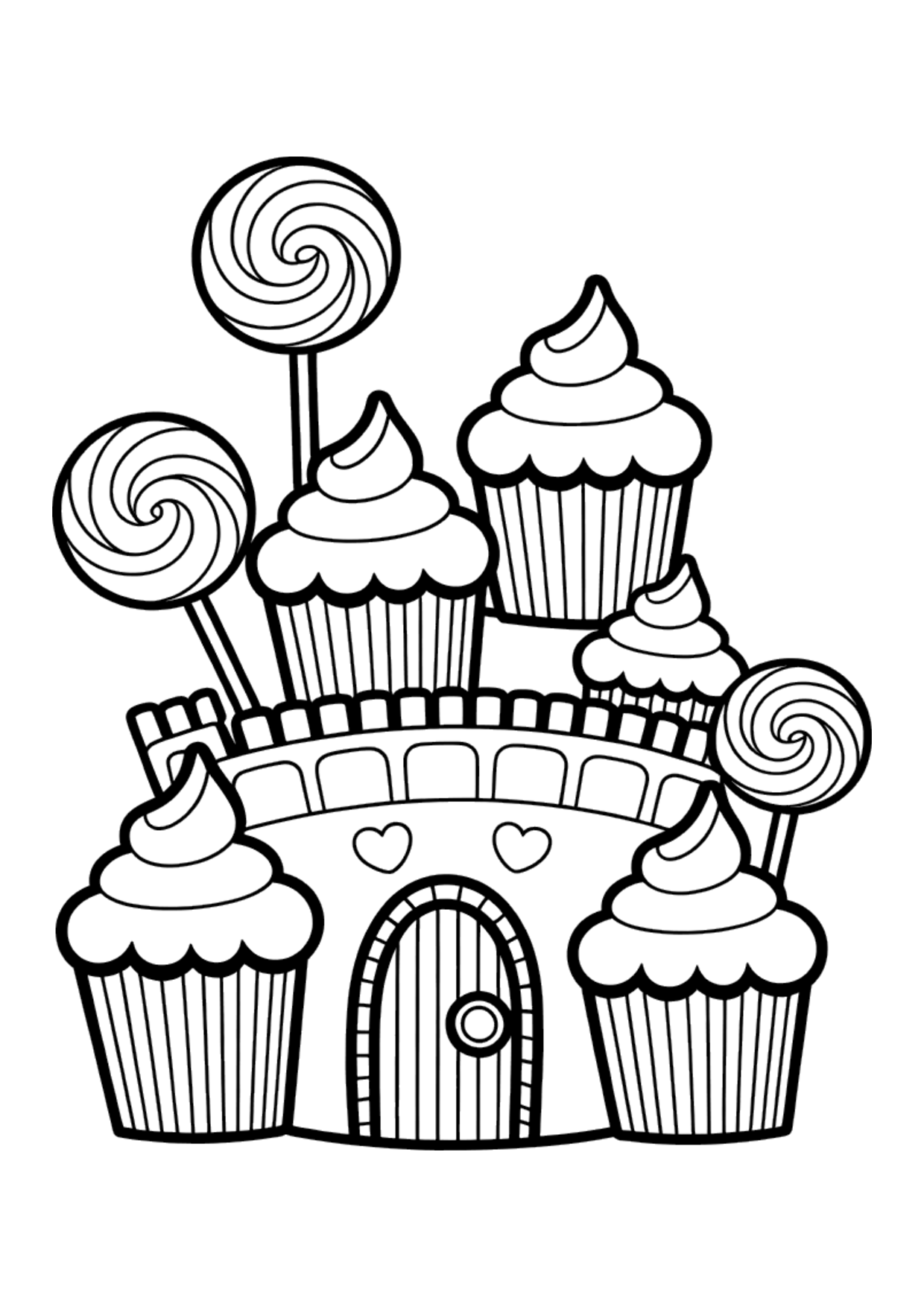 Coloring page for kids of a fairy tale castle made of cupcakes with lollipop trees