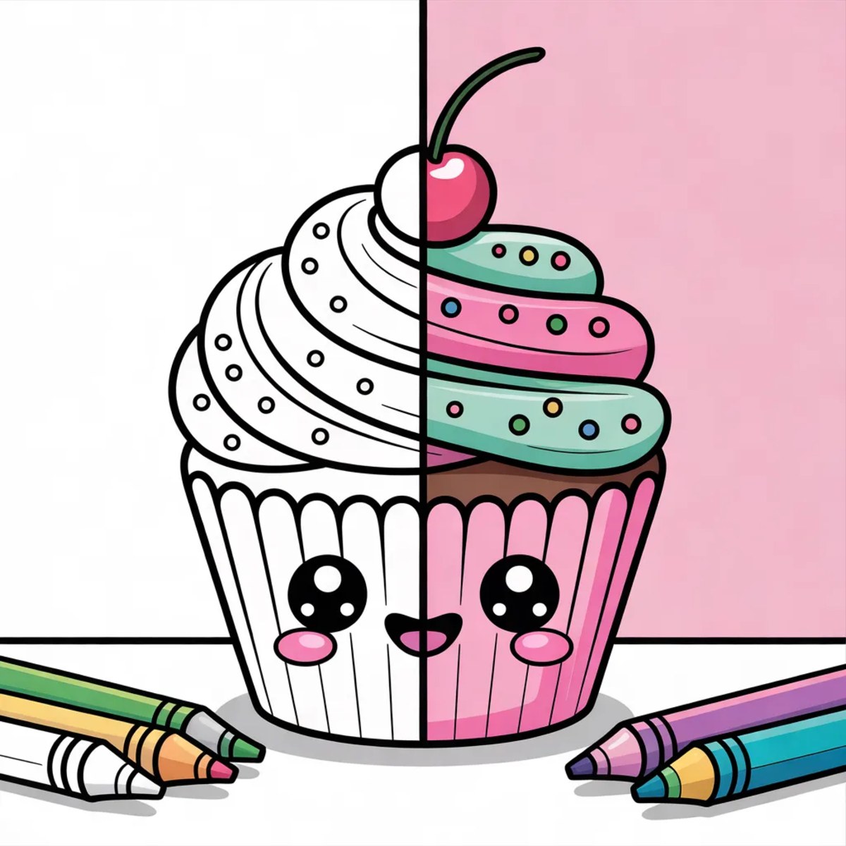 Cupcake coloring pages: a kawaii cupcake shown half as coloring page line art and half in pastel colors with crayons and colored pencils