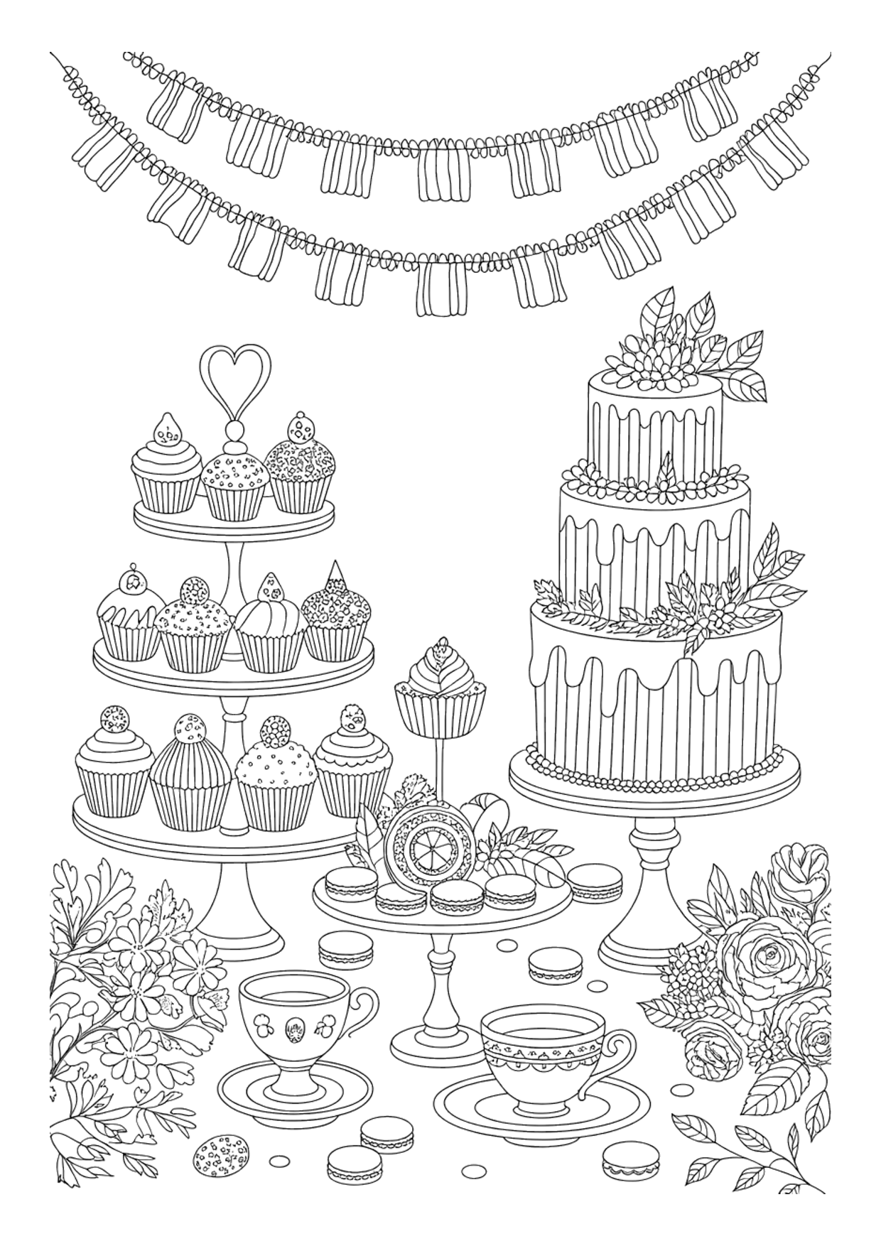 Detailed coloring page of a dessert table with cupcakes, macarons, a layered cake and garlands