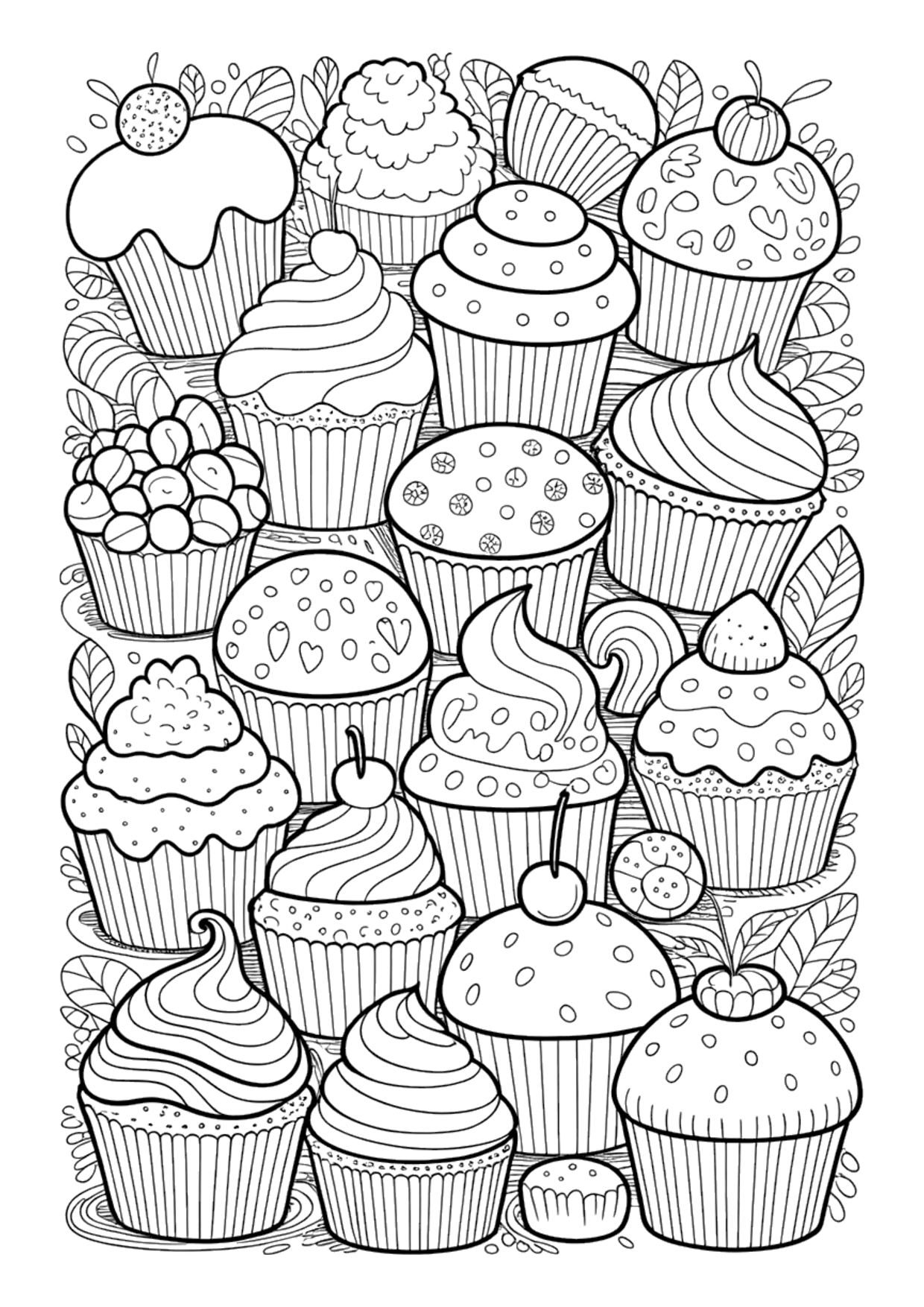 Detailed coloring page full of different cupcake doodles with many toppings