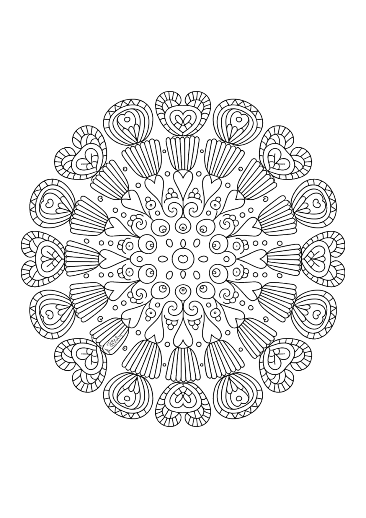 Cupcake mandala coloring page for adults with cupcakes, hearts and lace patterns in a circle