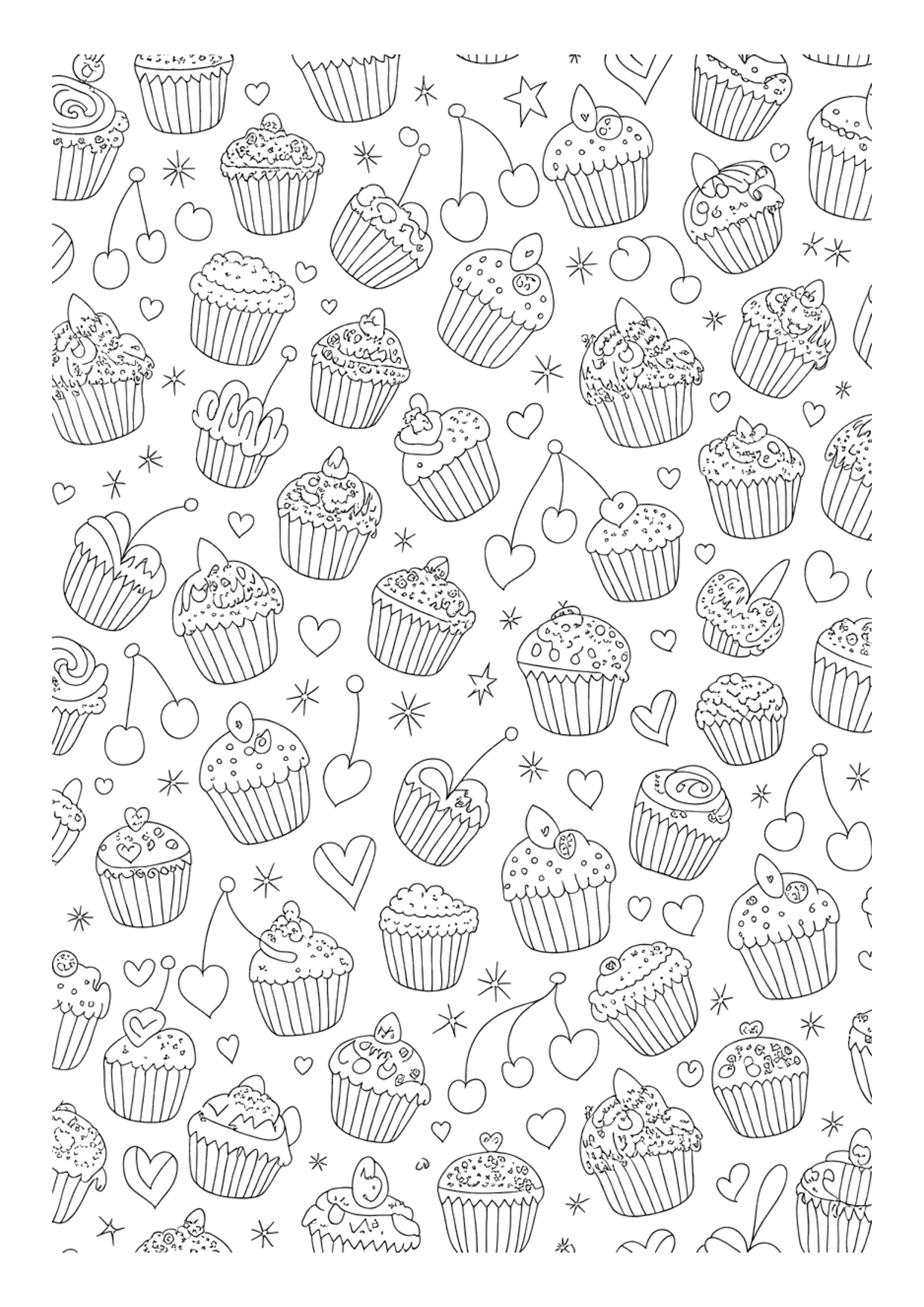 Detailed cupcake pattern coloring page with many small cupcakes, cherries, hearts and stars