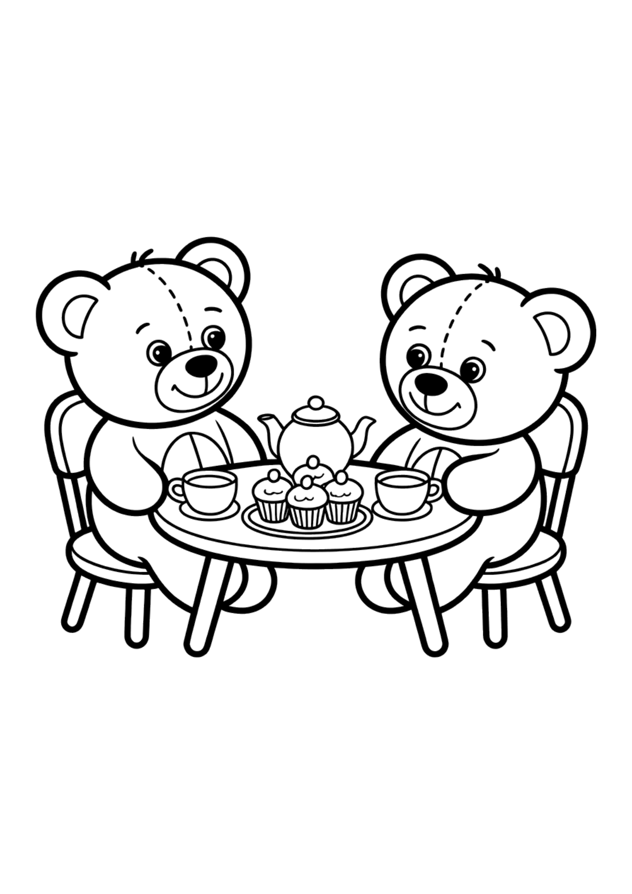 Coloring page for kids of two teddy bears having a tea party with a teapot and cupcakes