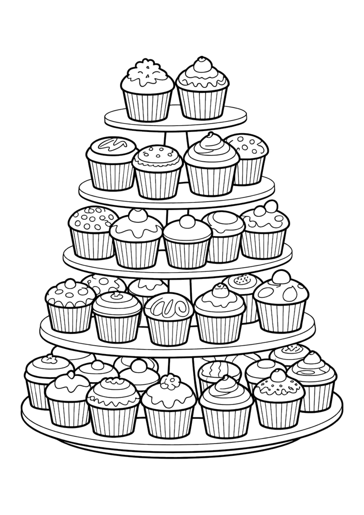 Coloring page for kids of a tall tiered stand stacked with many decorated cupcakes