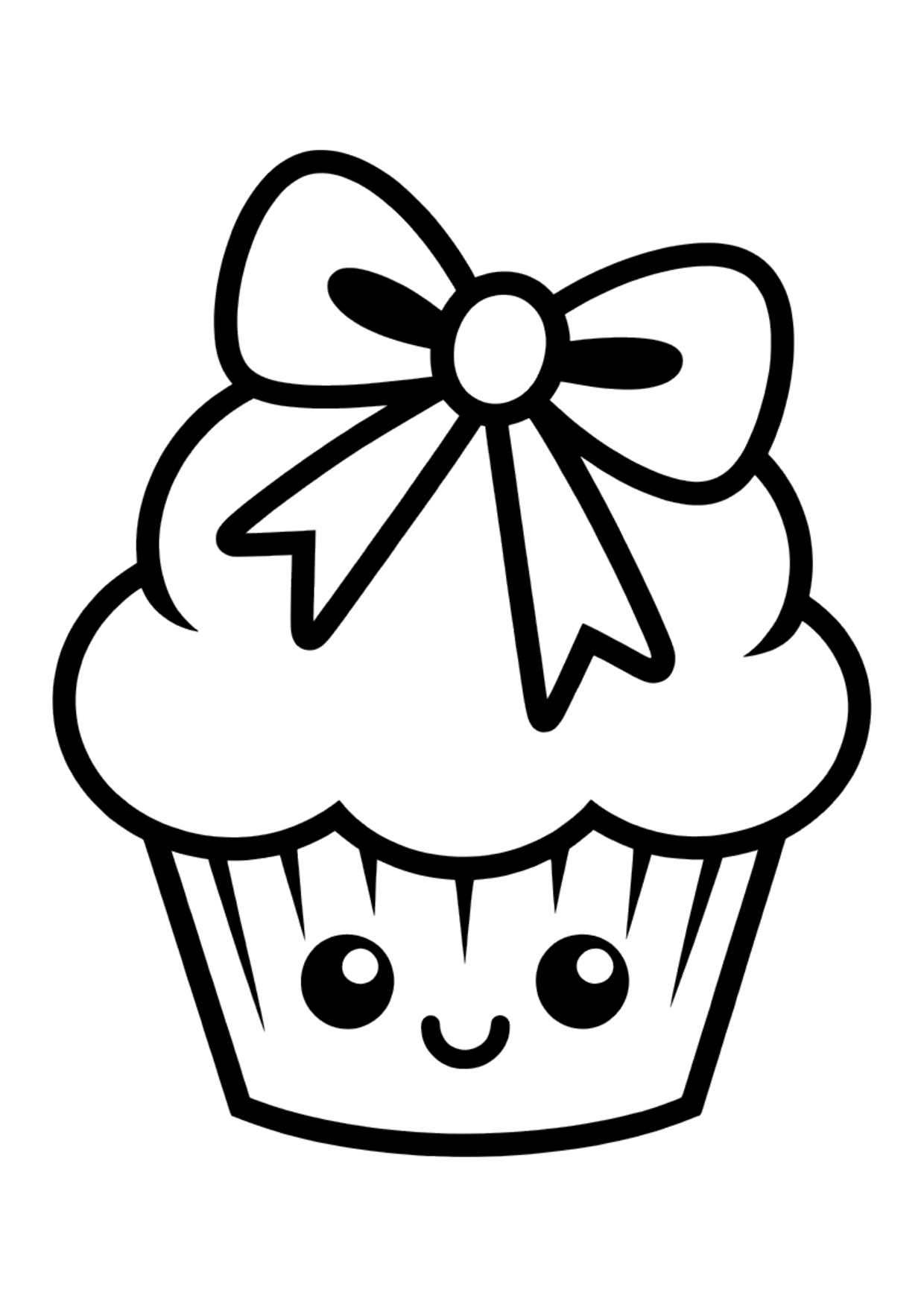 Easy kawaii coloring page of a smiling cupcake with a big ribbon bow on its frosting