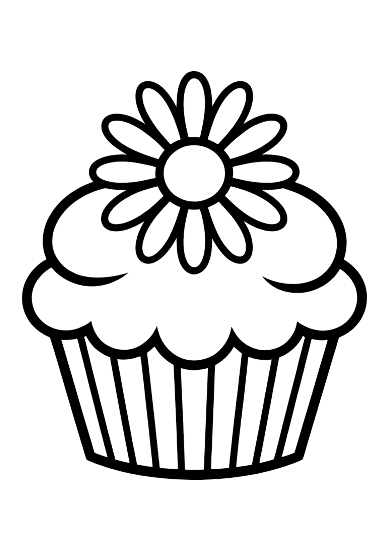 Easy coloring page of a cupcake with a big daisy flower on its frosting