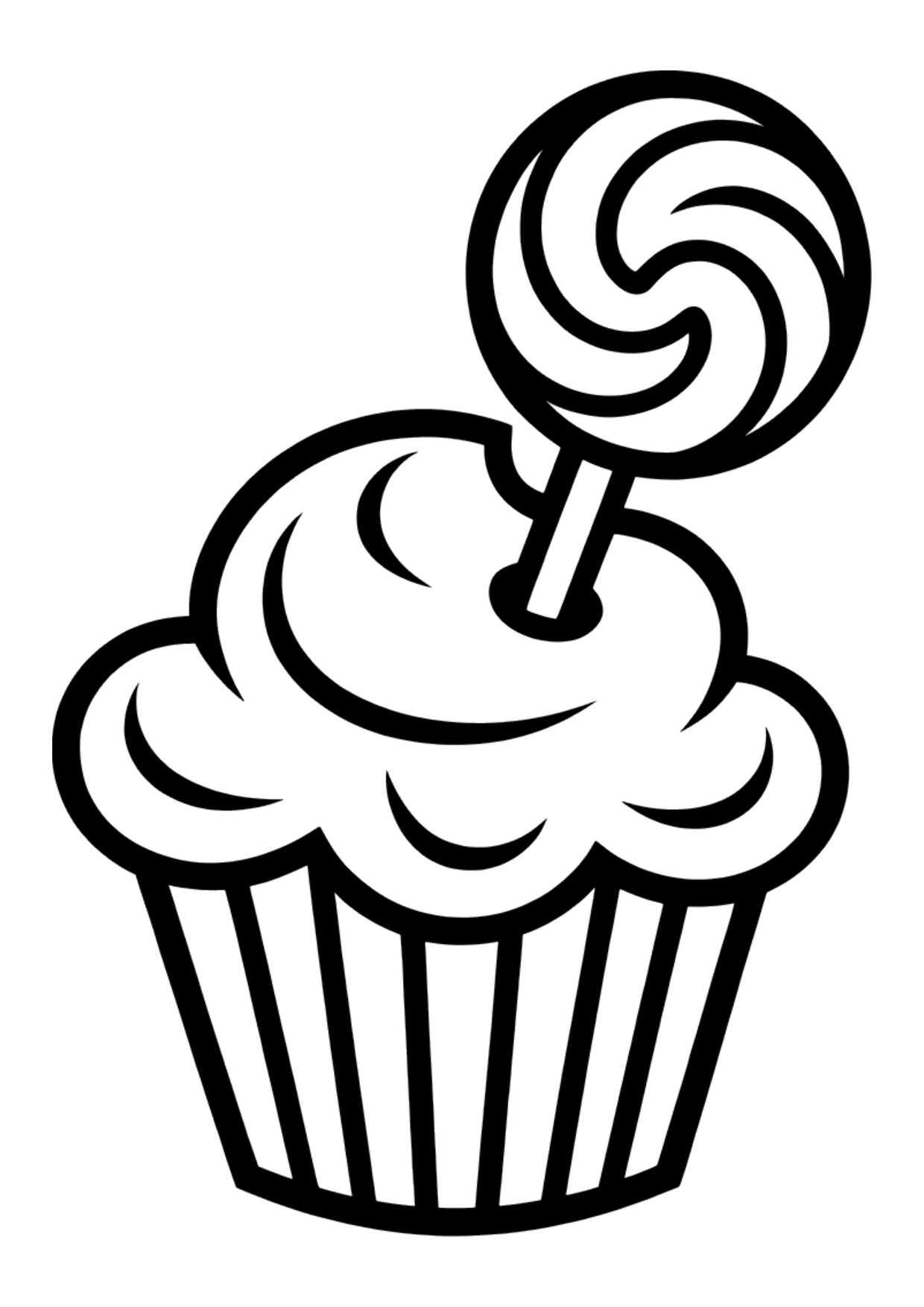 Easy coloring page of a cupcake with a big swirl lollipop in the frosting