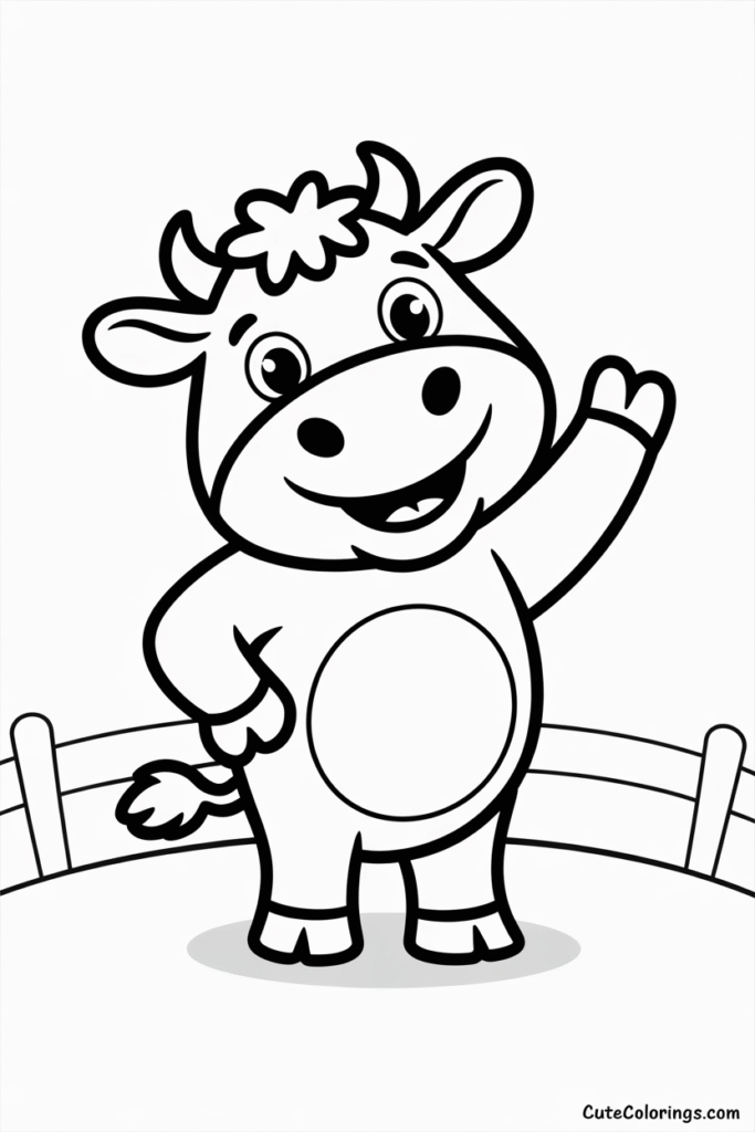 Cute Cartoon Cow Waving in Farm Pen