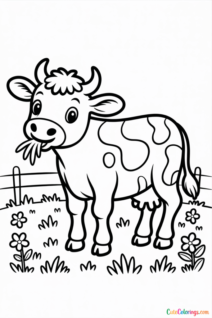 Cute Cow Grazing in Flower Meadow