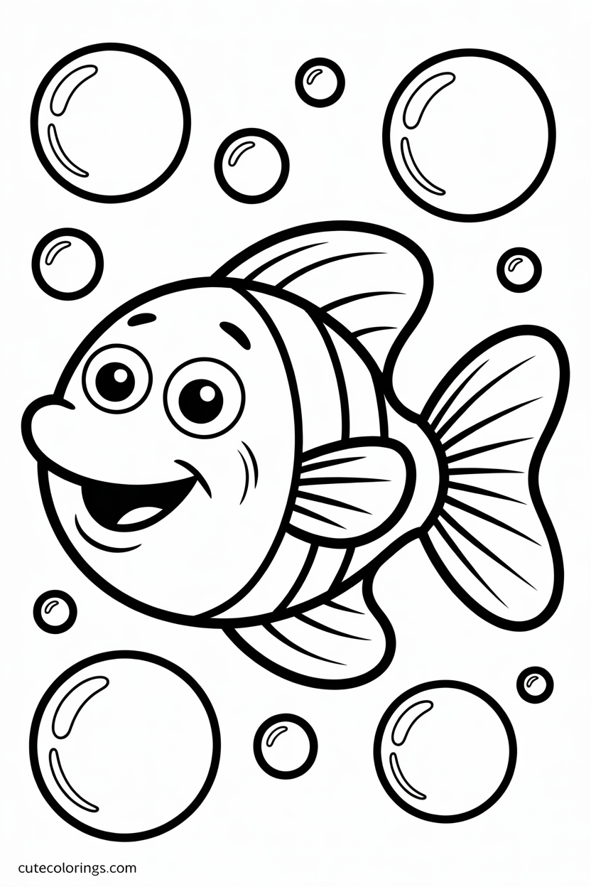Adorable smiling fish surrounded by floating bubbles