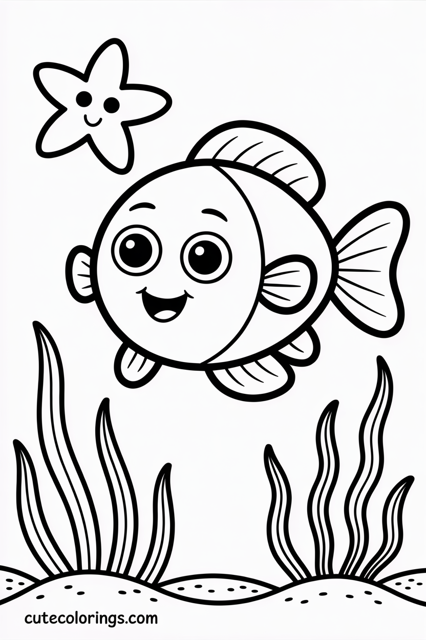 Cheerful cartoon fish with happy starfish on ocean