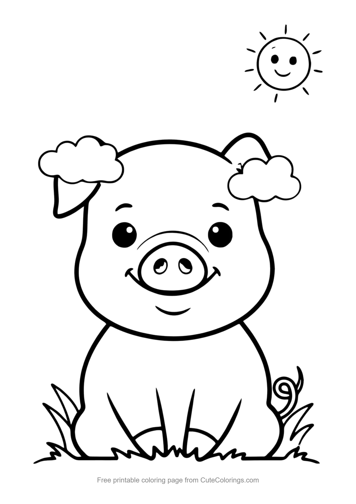 Easy coloring page of a cute smiling piglet sitting down with big ears and a curly tail