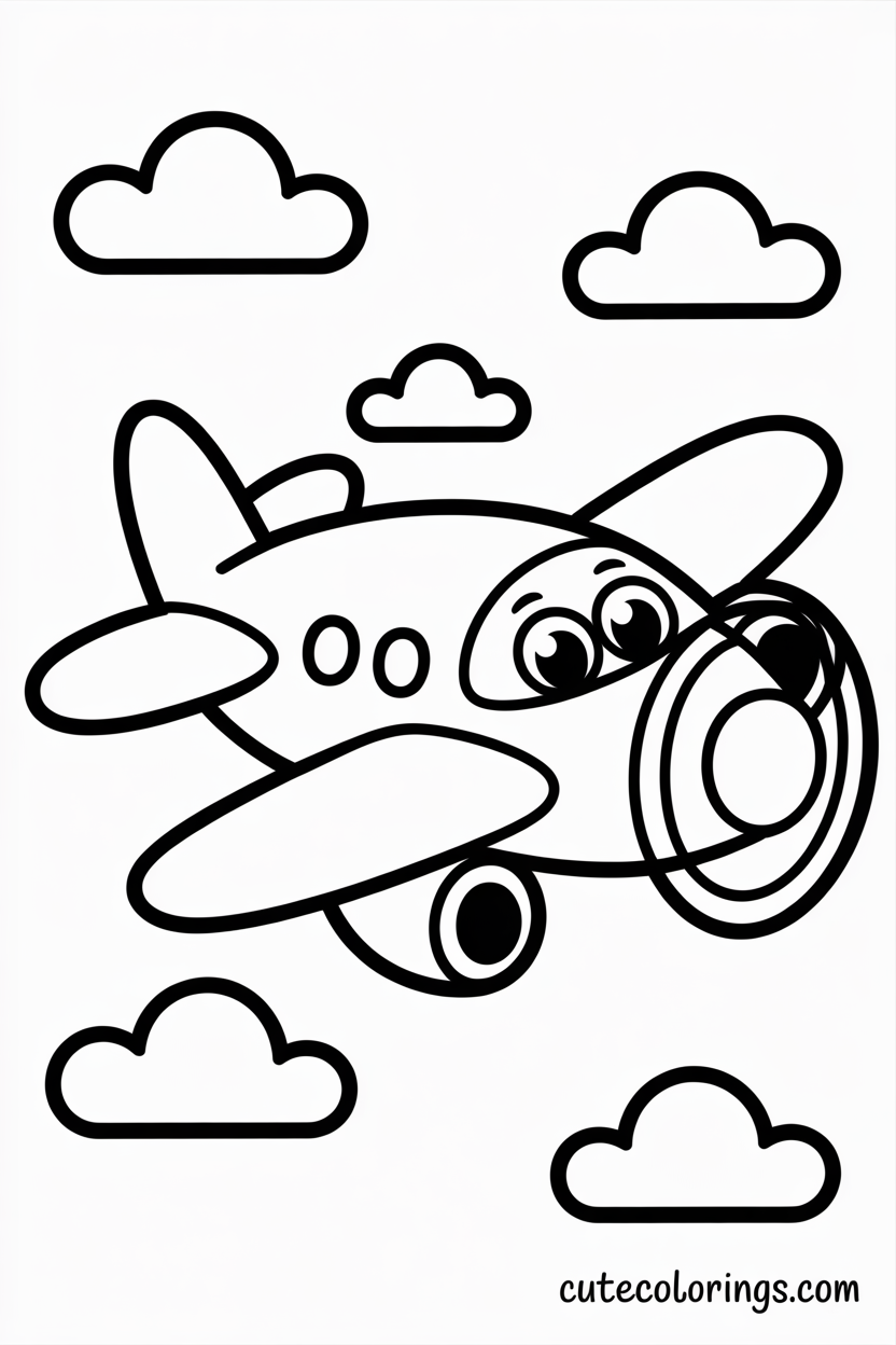 Adorable airplane flying with clouds all around