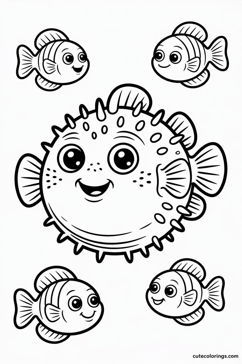 Smiling pufferfish surrounded by cute clownfish pals