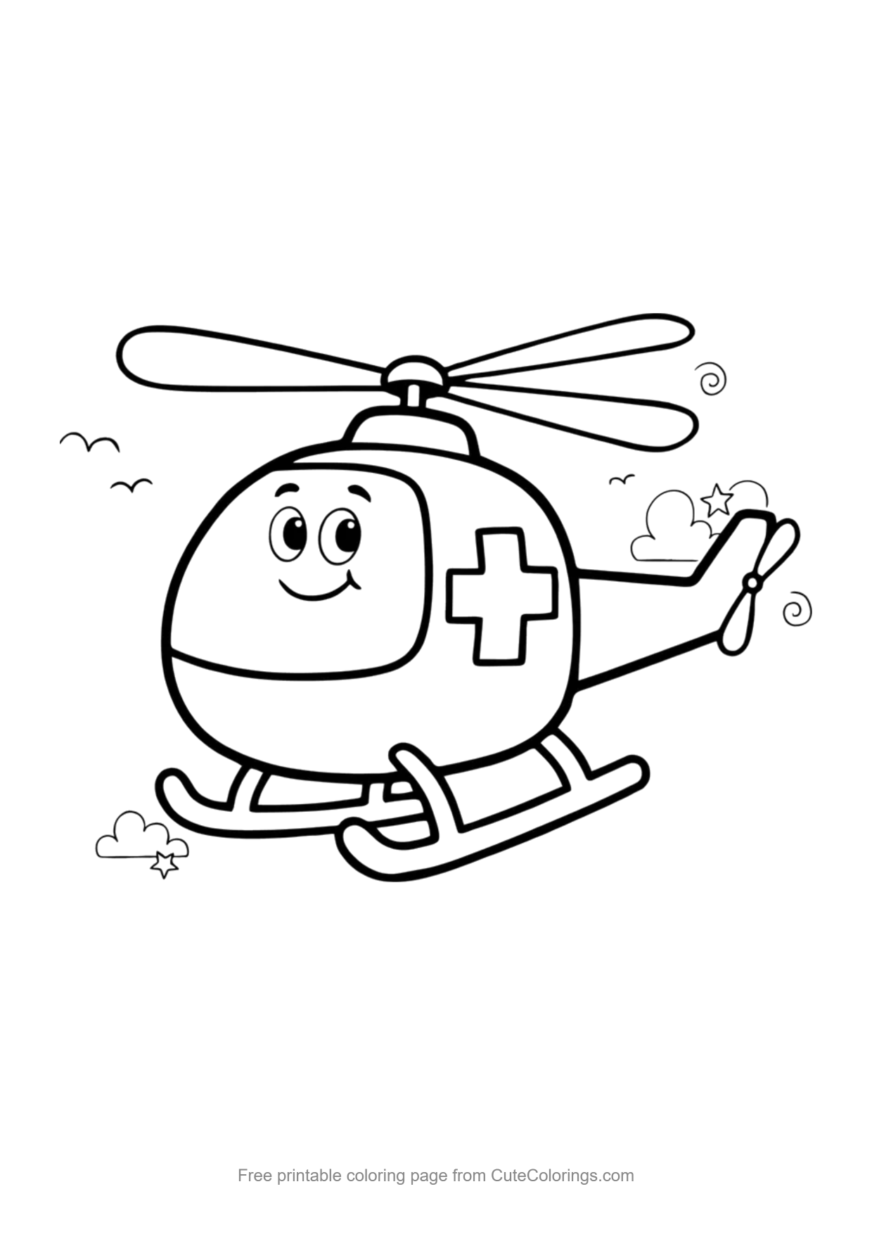 Easy coloring page of a smiling rescue helicopter with a cross symbol