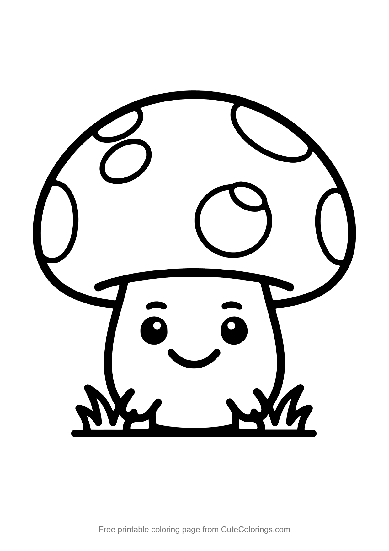 Easy coloring page of a cute smiling mushroom with a spotted cap standing in the grass