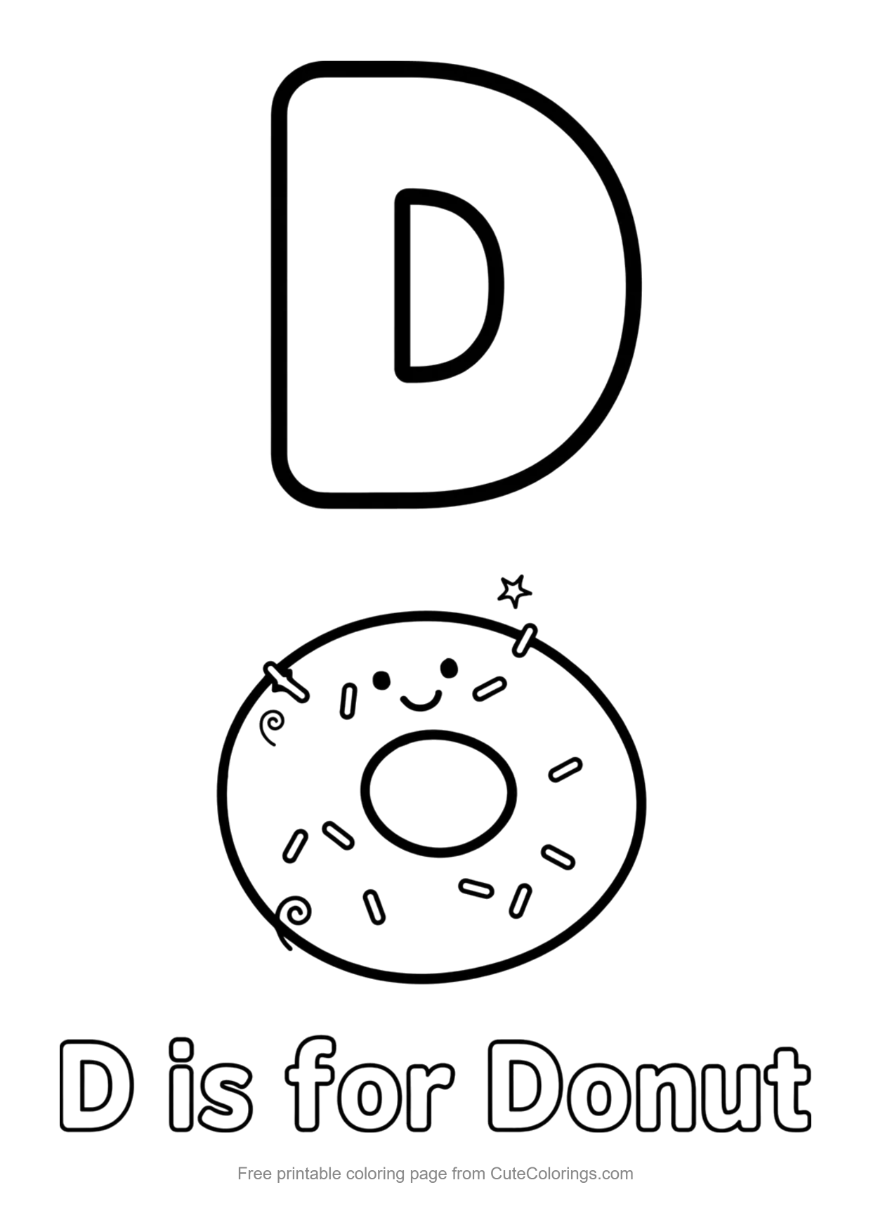 Alphabet coloring page with a bubble letter D and a cute donut that says D is for Donut
