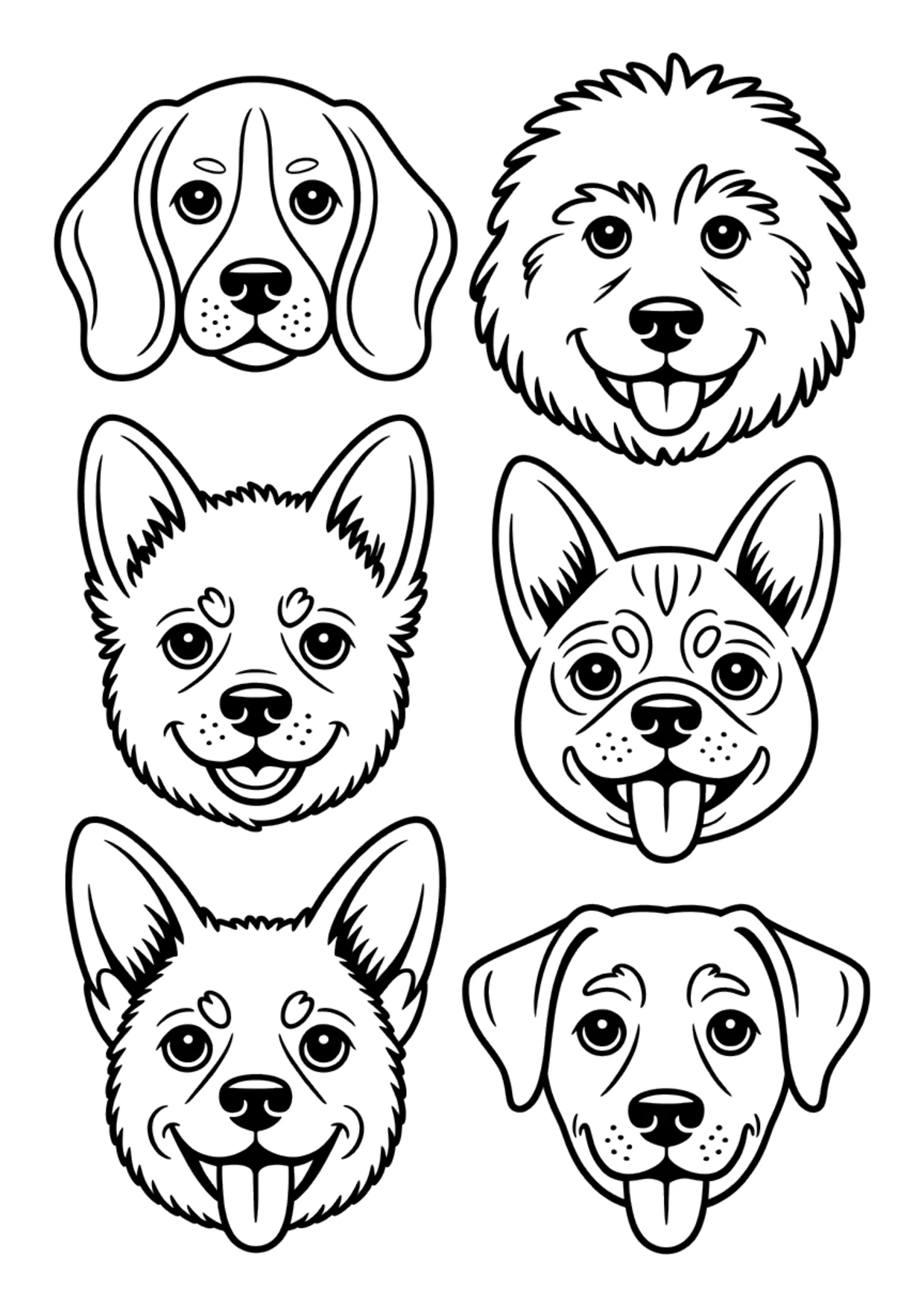 Coloriage détaillé de six visages de races de chiens