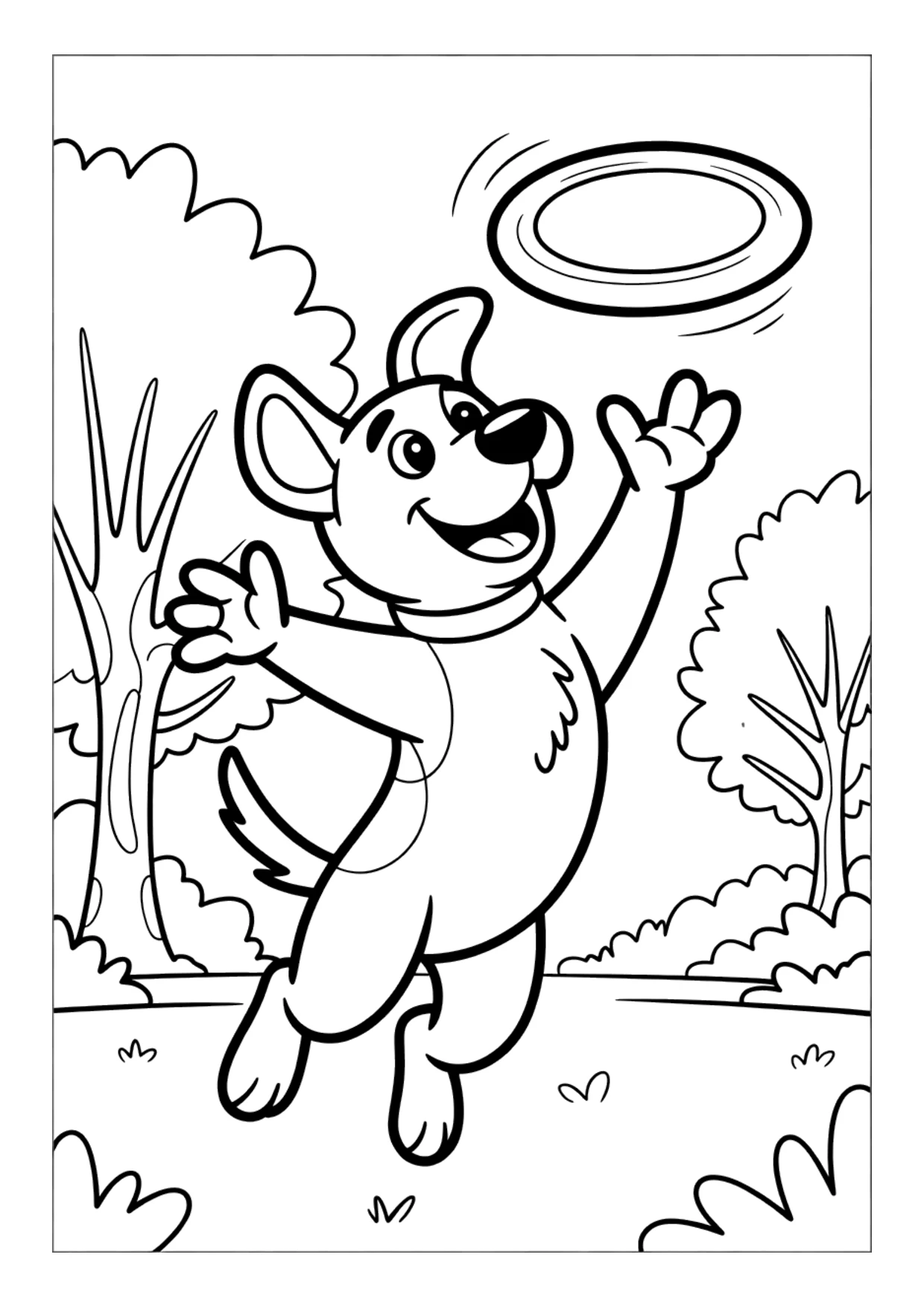 Coloriage pour enfants d'un chien qui joue à rapporter dans le parc