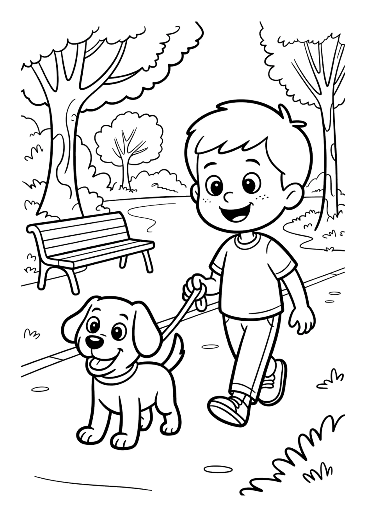 Coloriage pour enfants d'un chien en promenade dans le parc