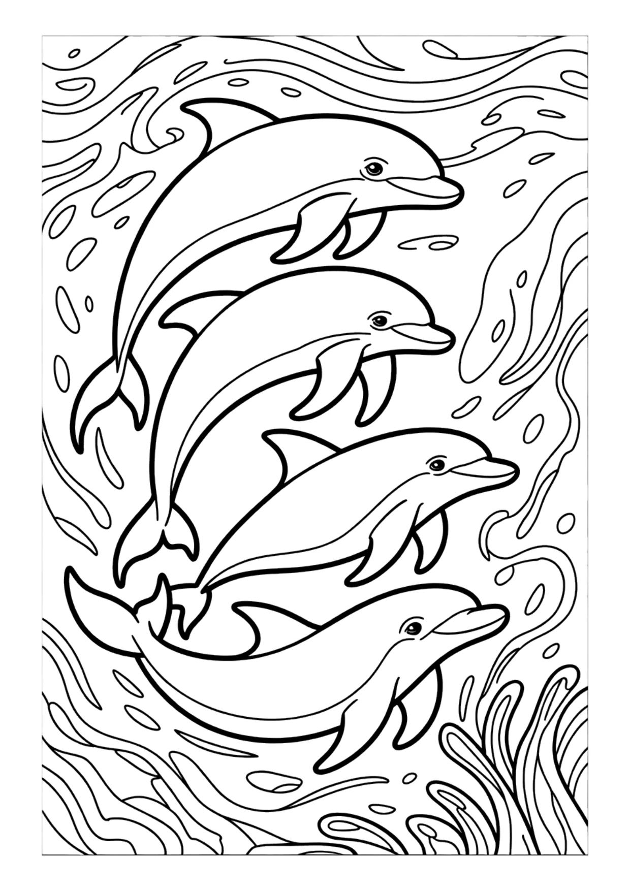 Detailed coloring page of a pod of dolphins