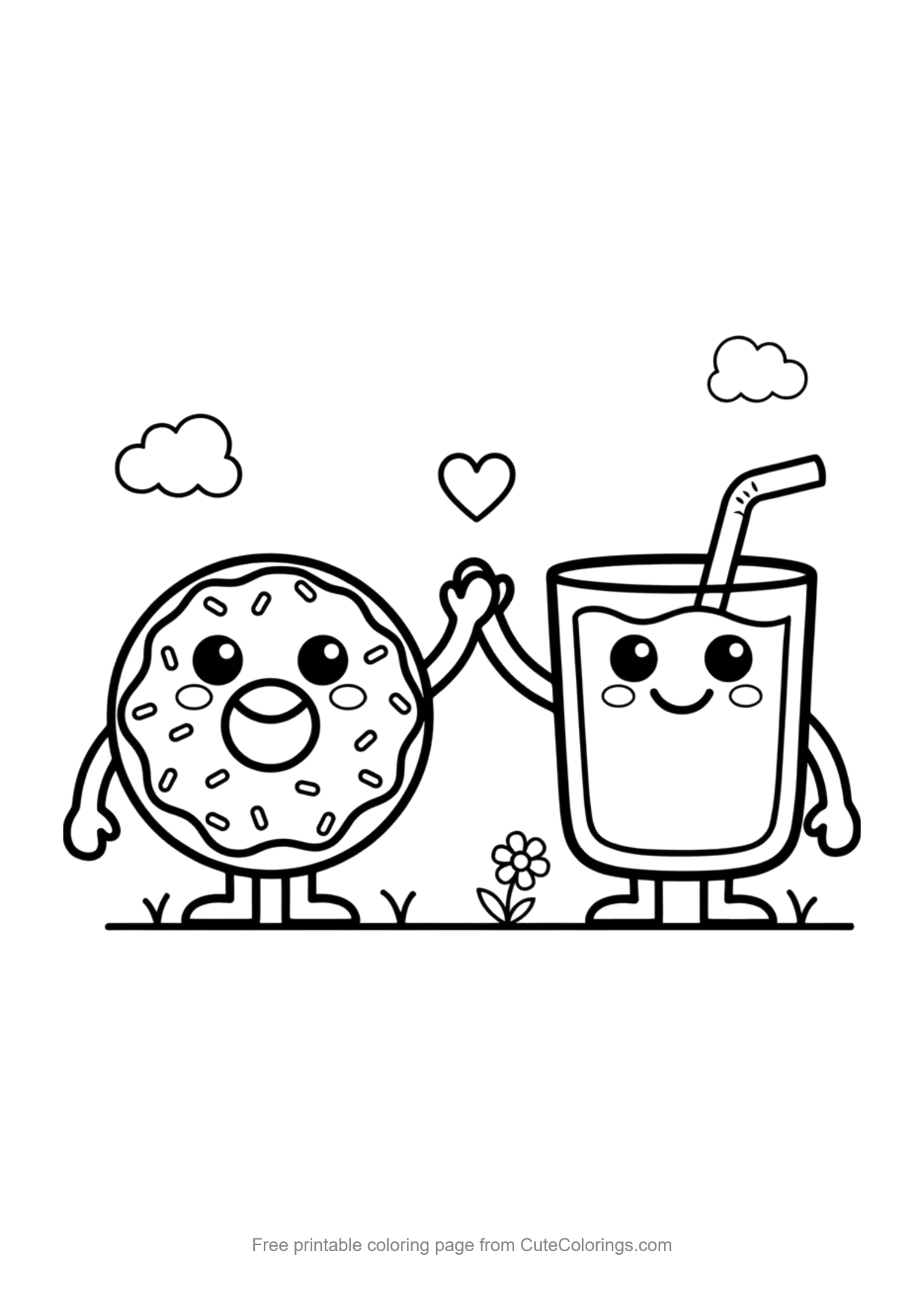 Easy kawaii coloring page of a smiling donut and a glass of milk as best friends