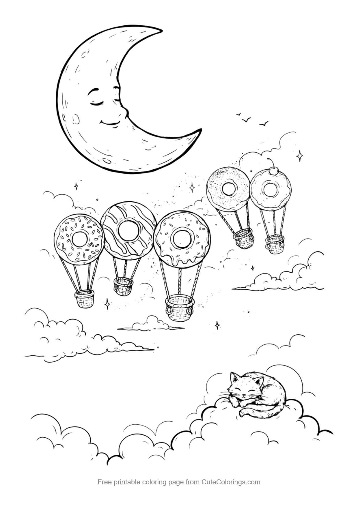 Detailed coloring page of donut hot air balloons in a dreamy sky with a sleeping cat