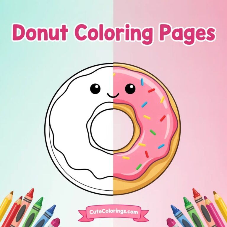 Donut coloring pages featured image showing a kawaii donut half line art and half colored