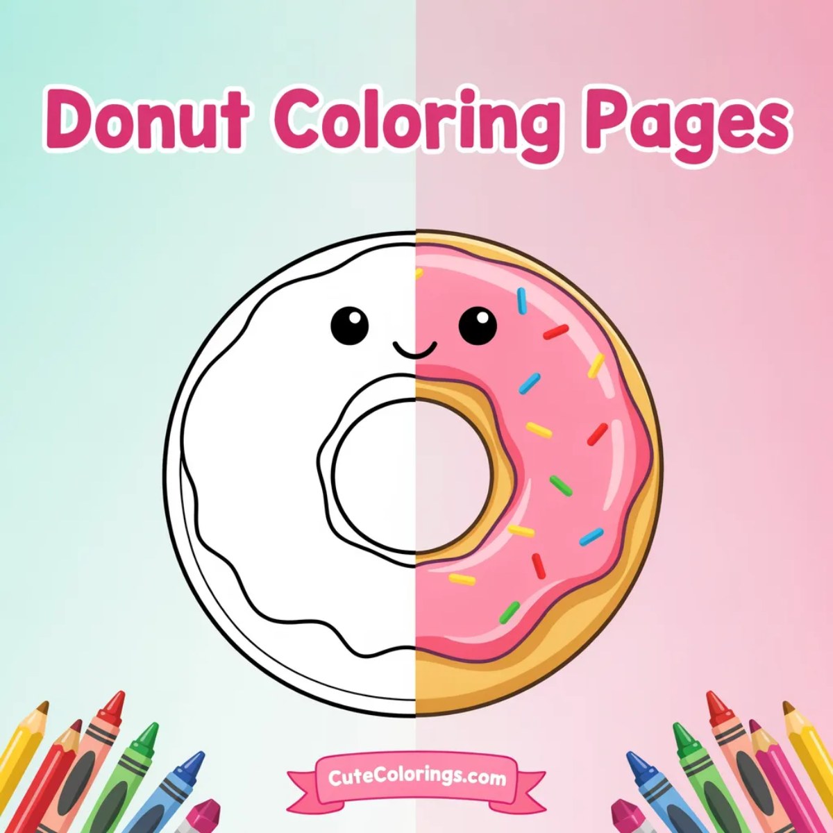 Donut coloring pages featured image showing a kawaii donut half line art and half colored