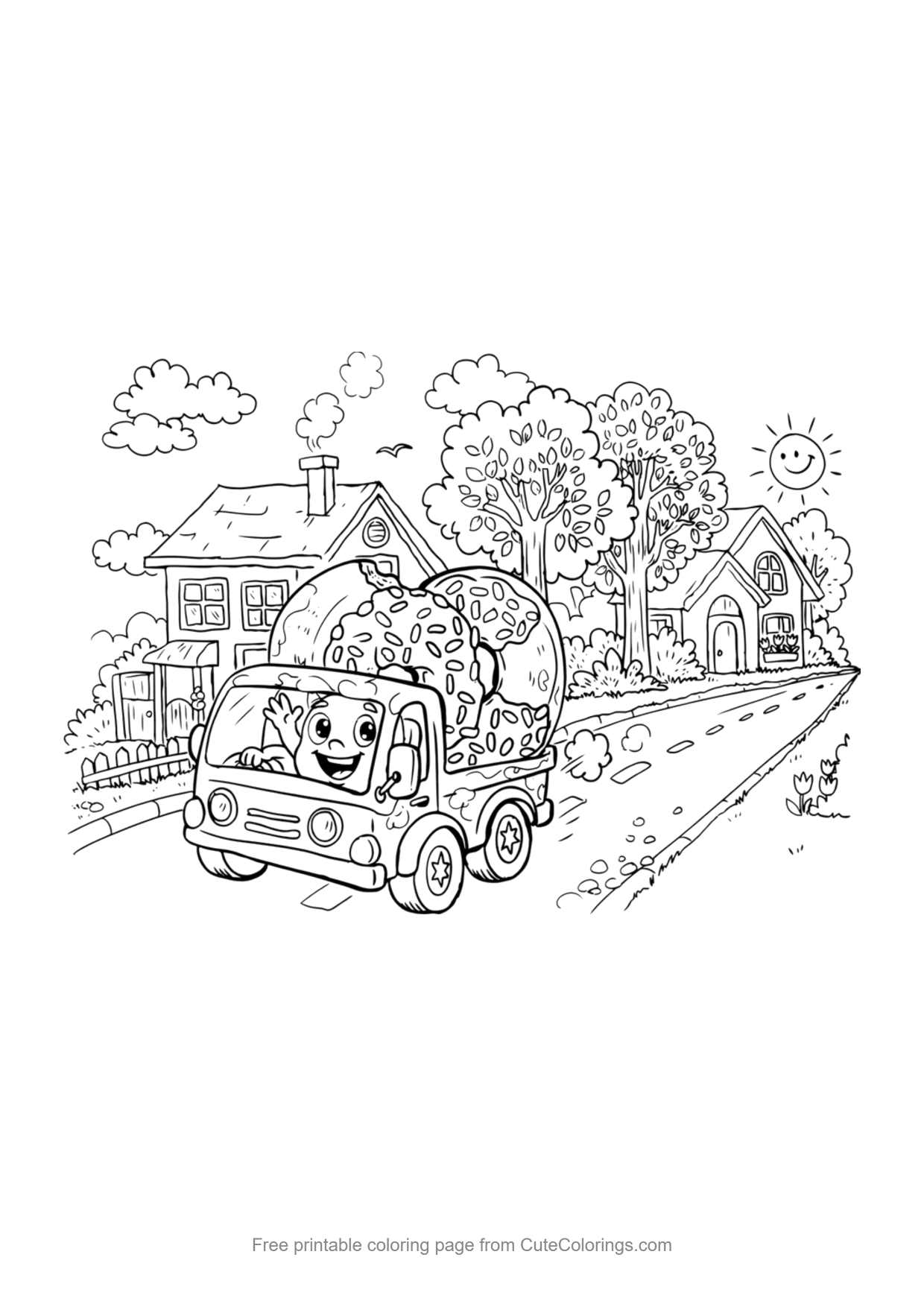 Coloring page for kids of a donut delivery truck driving through town
