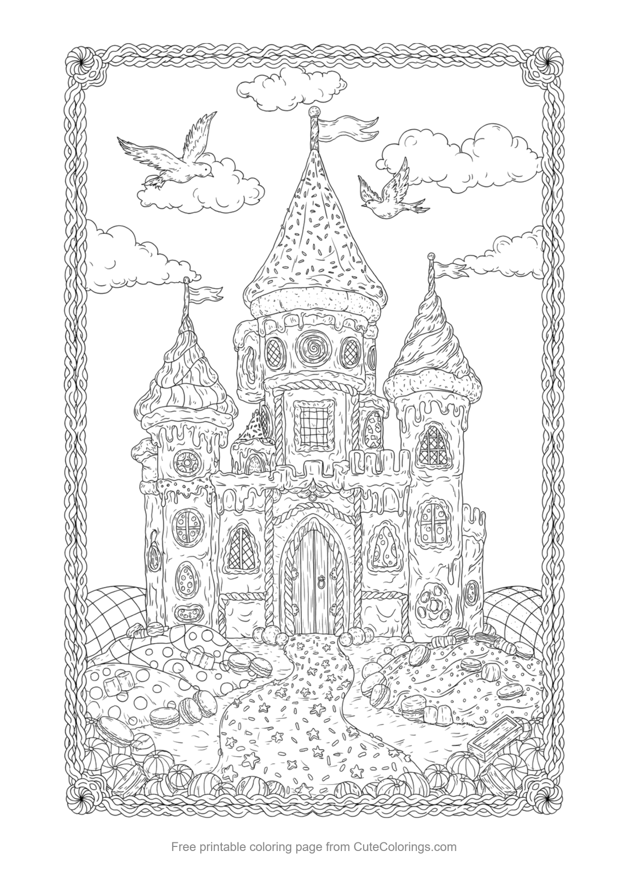 Detailed coloring page of a whimsical fairytale castle built from donuts