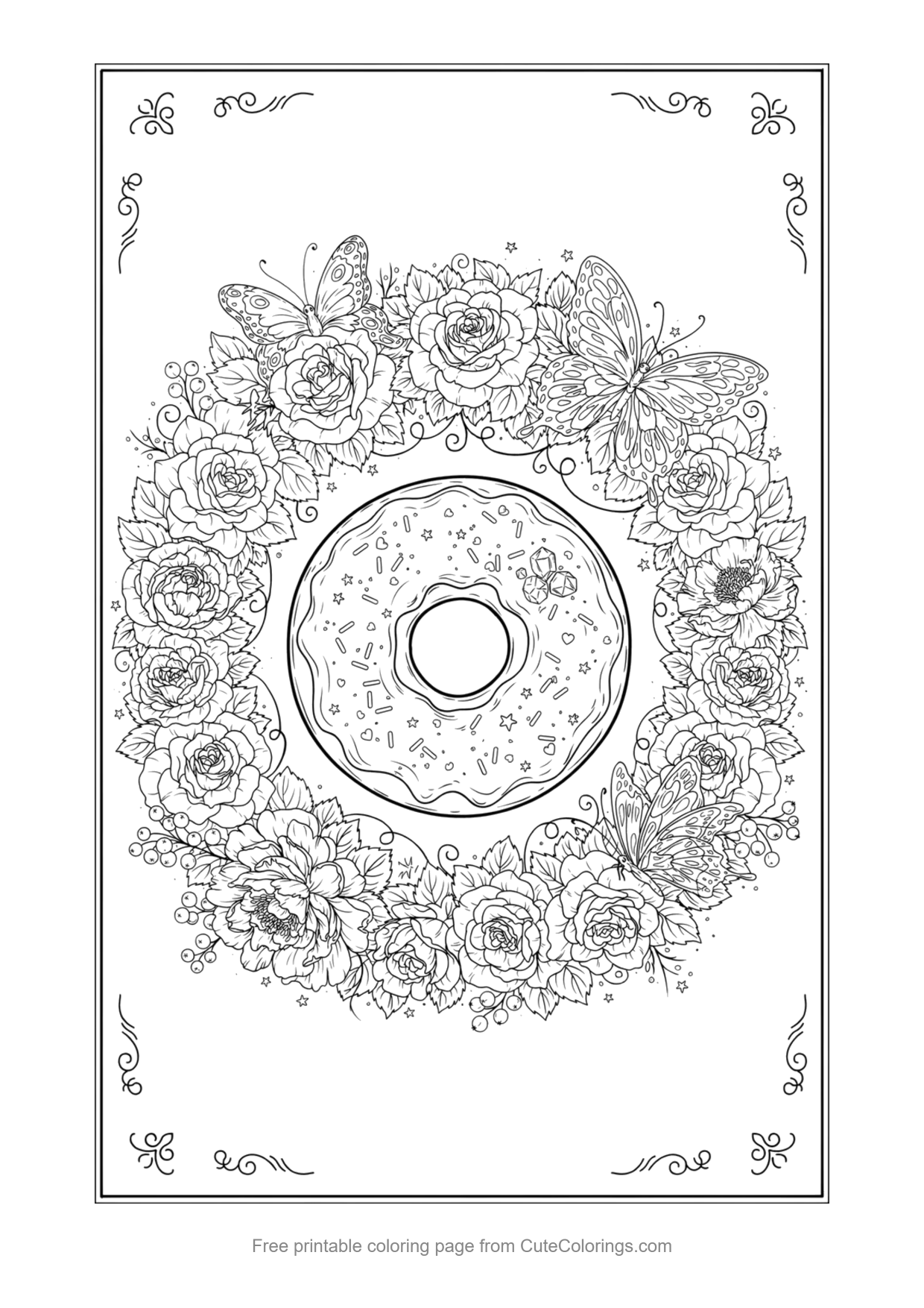 Detailed coloring page of a donut framed by a wreath of roses and butterflies