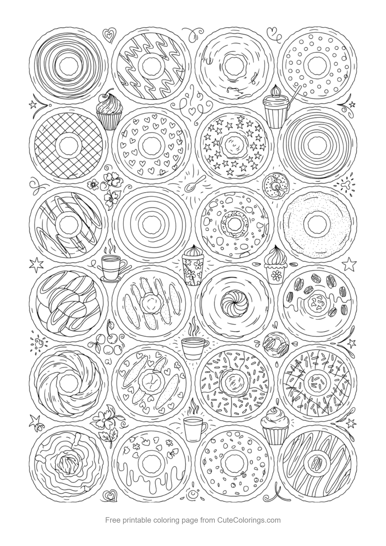 Detailed donut pattern coloring page with many donuts, cupcakes and coffee cups
