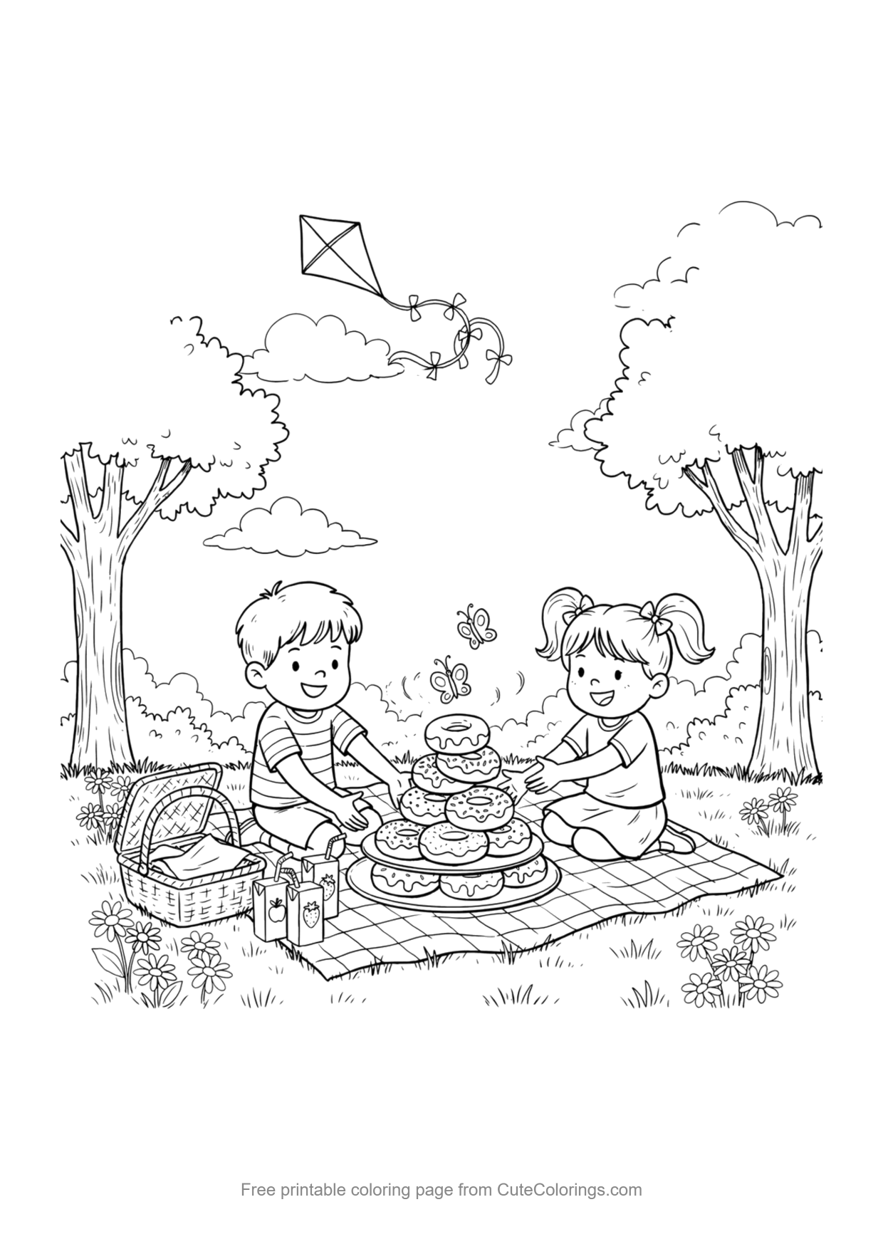Coloring page for kids of two children having a donut picnic in the park