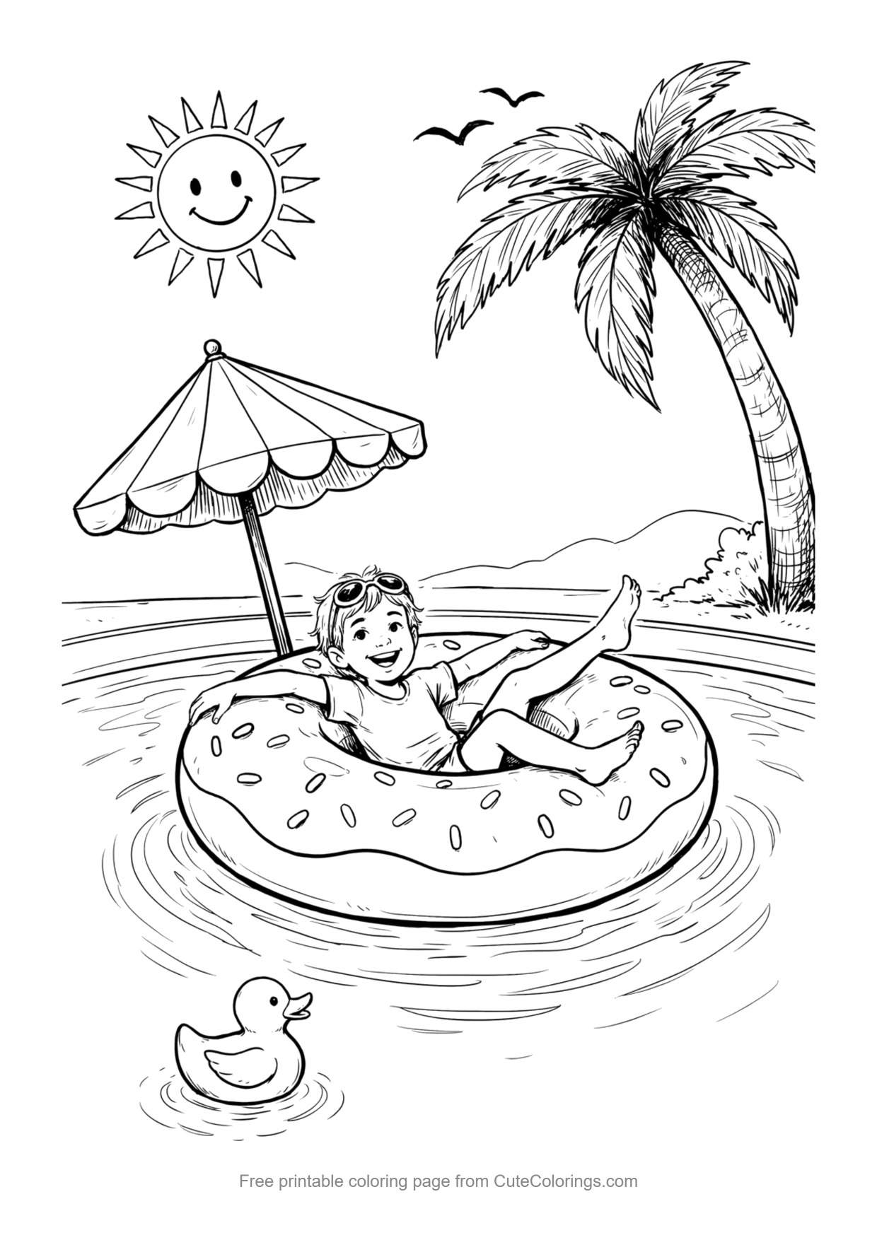 Coloring page for kids of a child relaxing on a donut pool float in summer