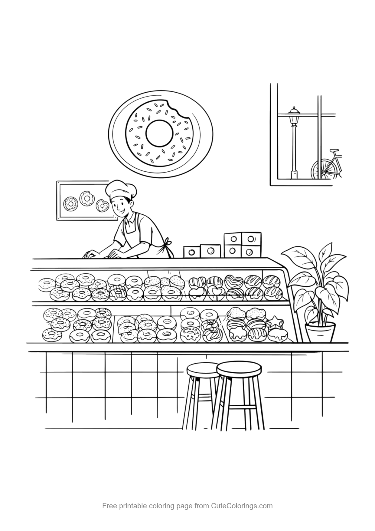 Coloring page for kids of a donut shop counter with a baker and a display case of donuts