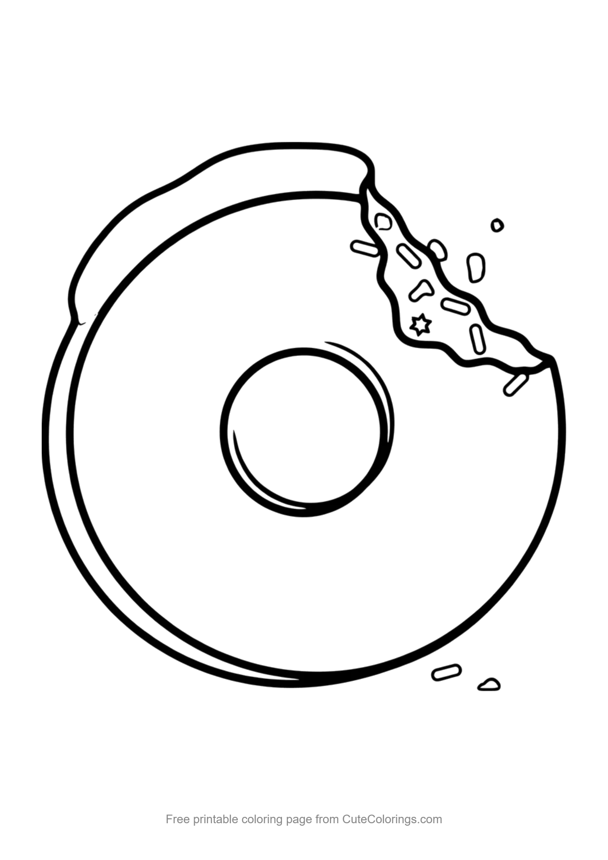 Easy coloring page of a frosted donut with a bite taken out of it