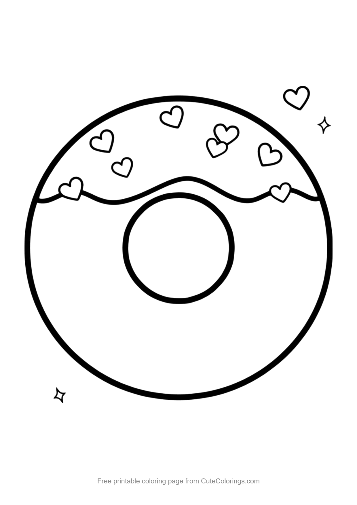 Easy coloring page of a donut with heart-shaped sprinkles and floating hearts