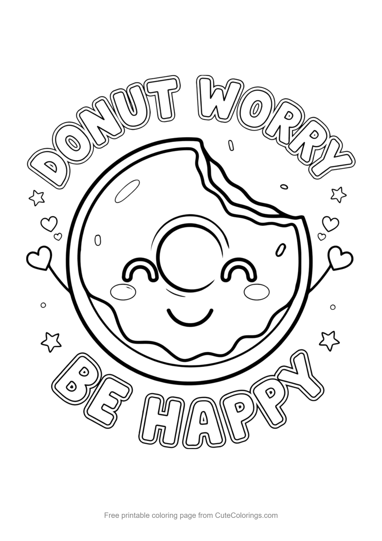 Coloring page with a kawaii donut and the words Donut Worry Be Happy in bubble letters