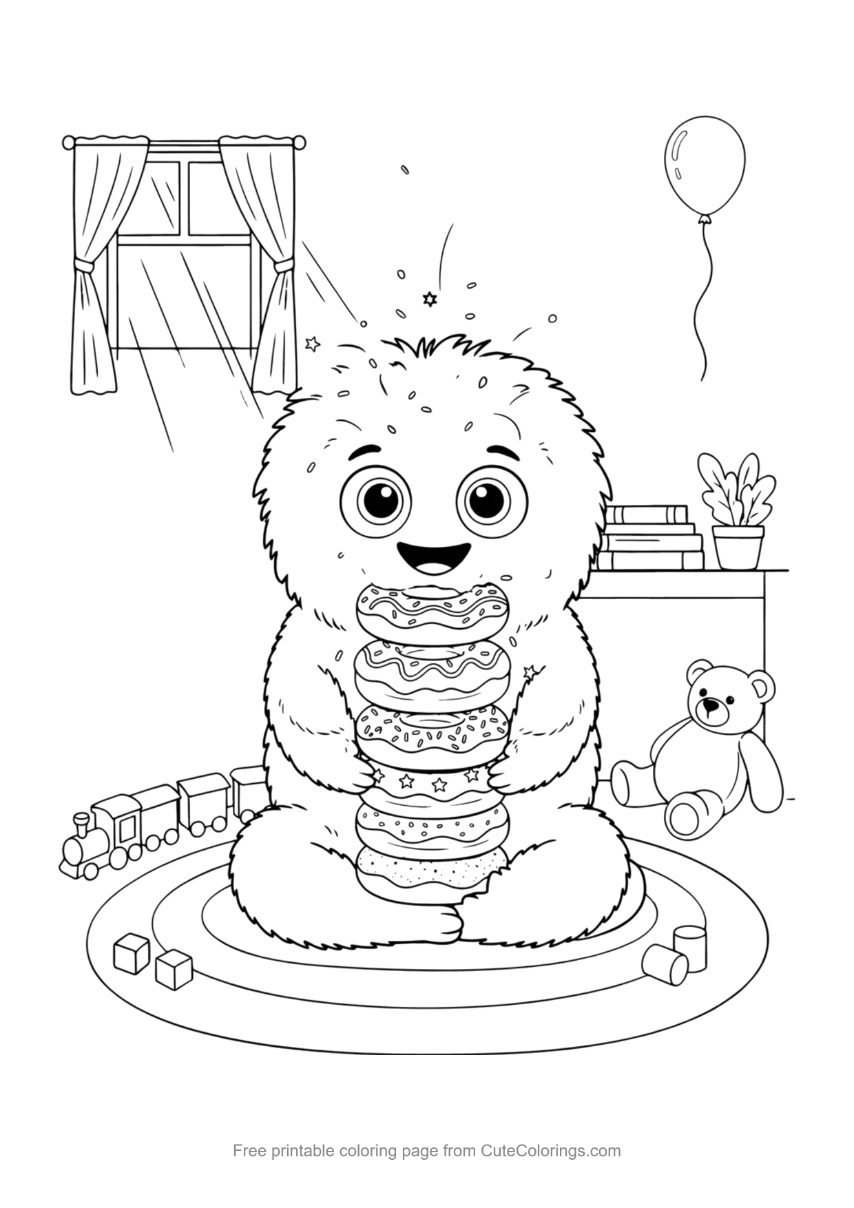 Coloring page for kids of a funny fluffy monster eating a stack of donuts