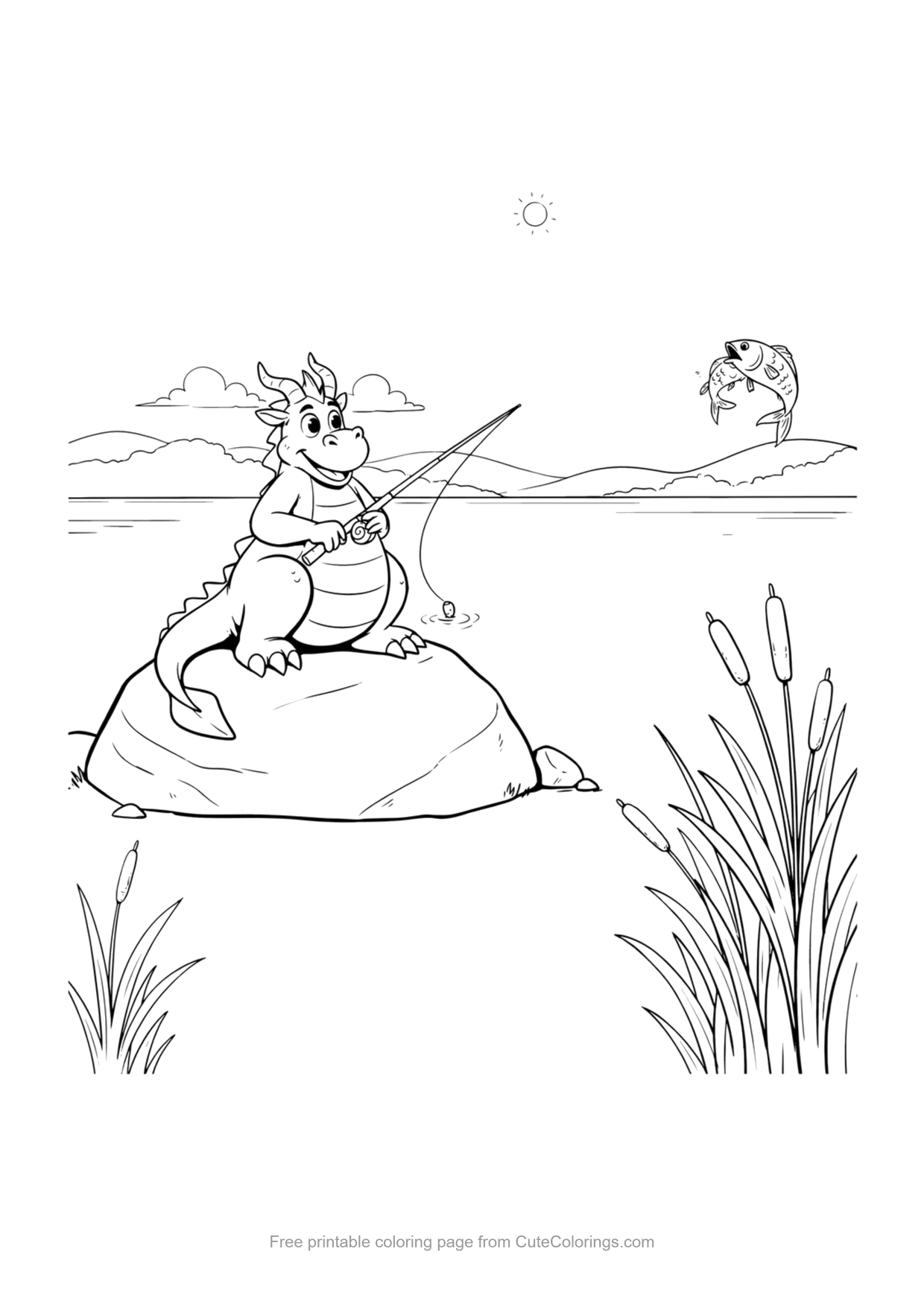 Coloring page of a dragon fishing from a rock at a lake with jumping fish