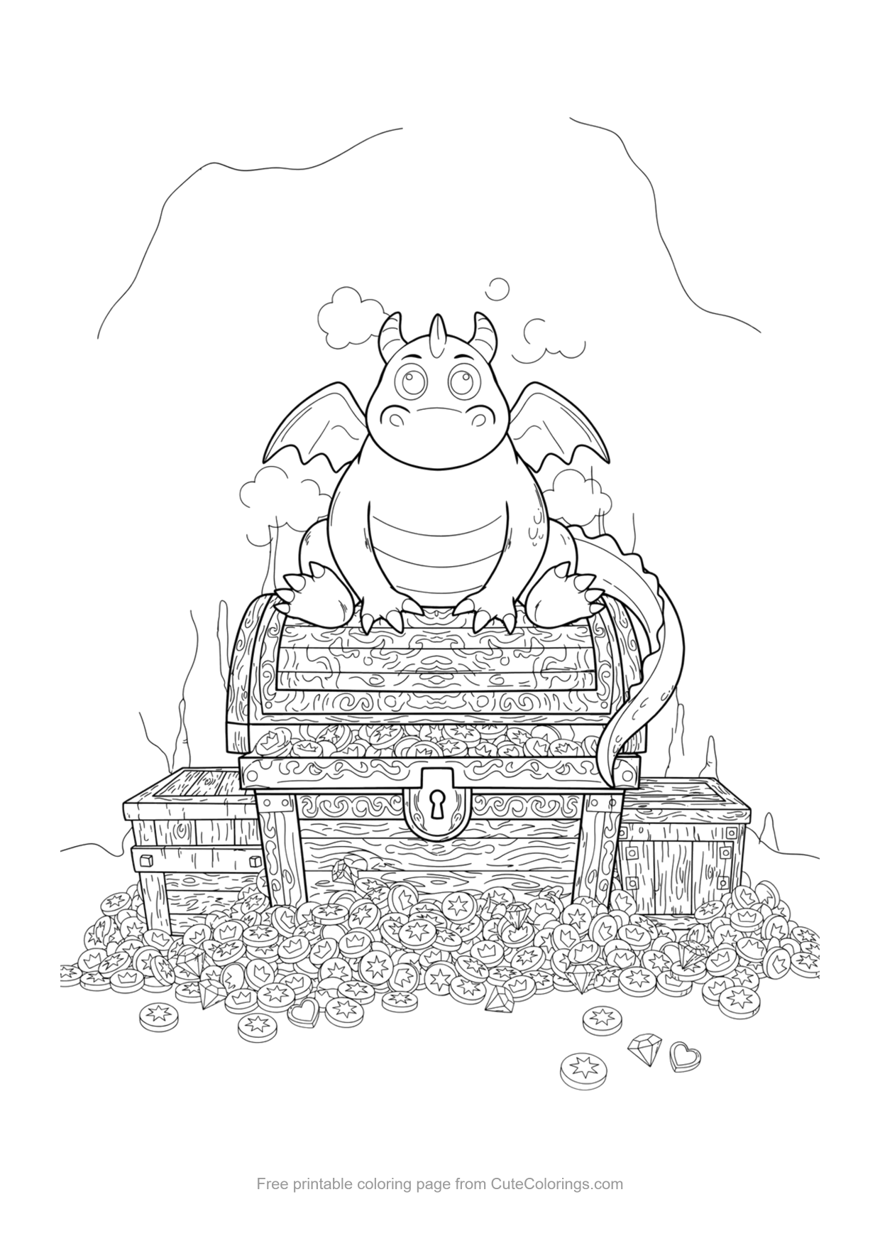 Coloring page of a friendly dragon sitting on a treasure chest full of gold coins in a cave