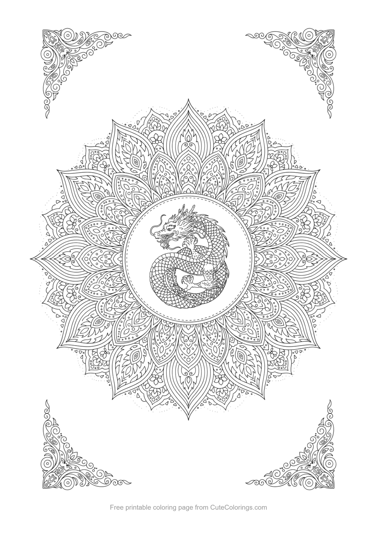 Dragon mandala coloring page with a coiled dragon inside a symmetrical mandala