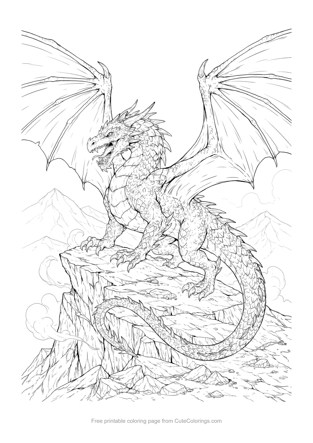 Detailed coloring page of a dragon spreading its wings on a rocky mountain peak
