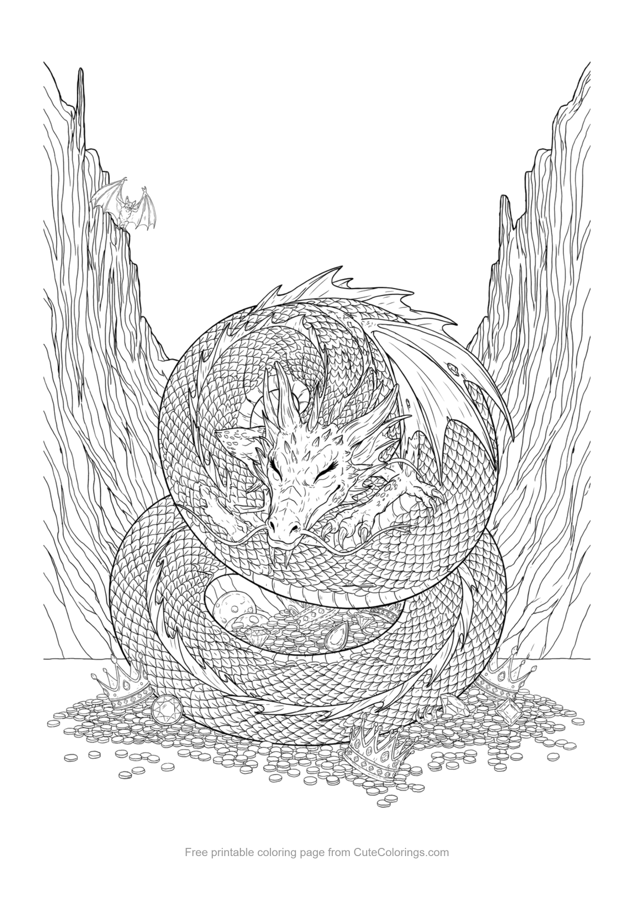 Detailed coloring page of a dragon sleeping on a hoard of gold coins and jewels