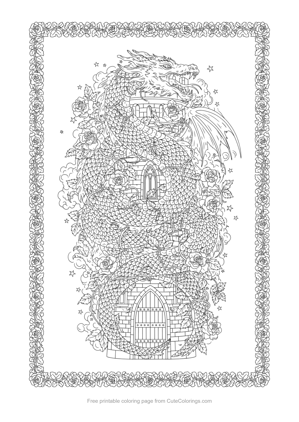 Detailed adult coloring page of a dragon wrapped around a castle tower with roses
